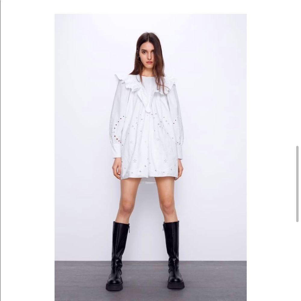 White Zara Ruffle Embroidery Dress XS